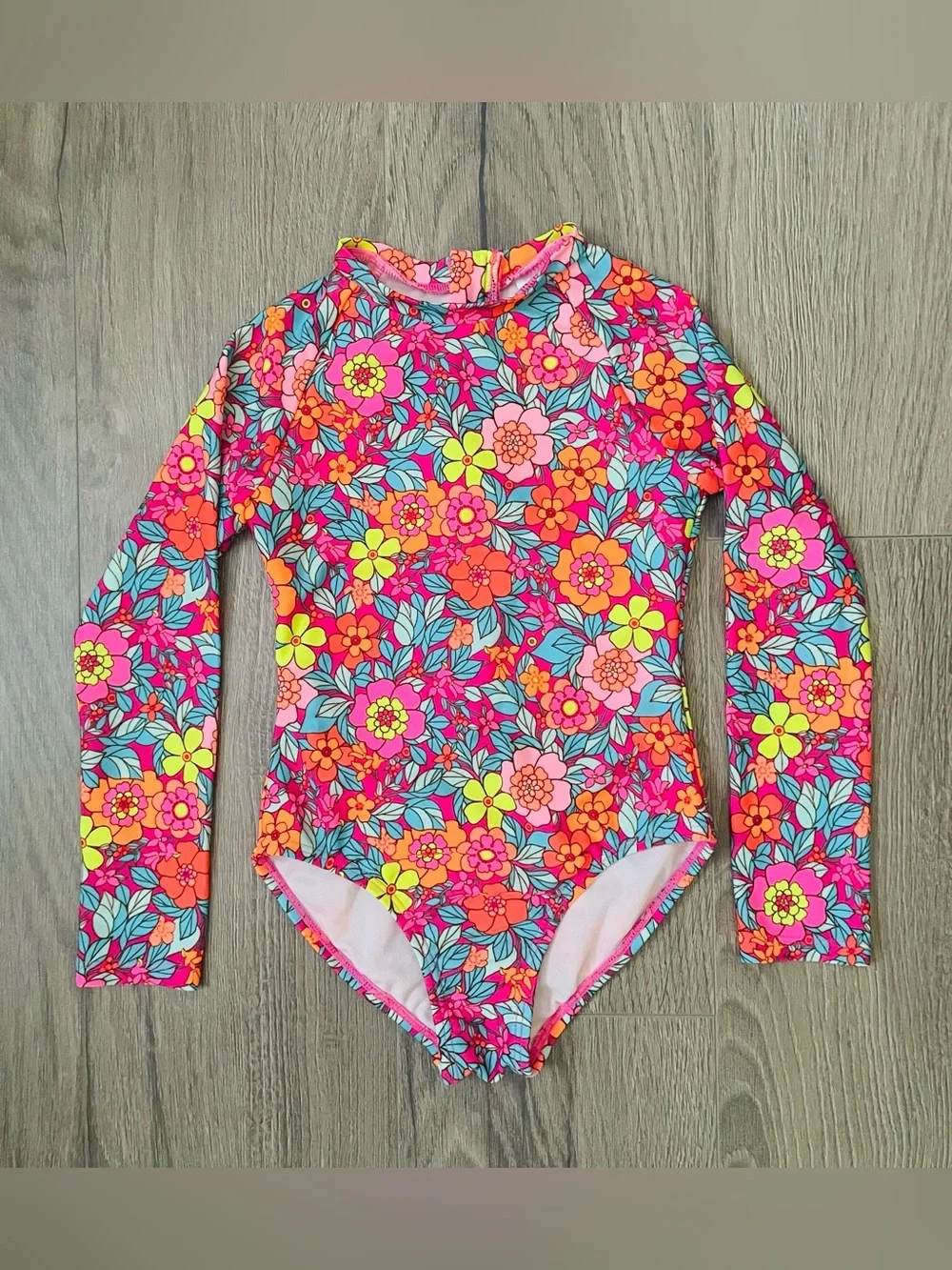 Cat & Jack Toddler Girl One Piece Swimsuit 4/5 Colorful Floral Long Sleeves Pool